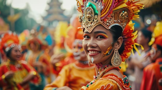 Festive cultural celebration with woman in ornate headdress and traditional attire photo