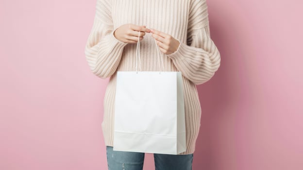 Person holding white shopping bag against pink background retail and commerce concept photo