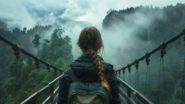 Woman travel explore forest on suspension bridge in foggy mountain landscape photo