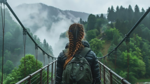 Female hiker on forest suspension bridge through misty mountain landscape photo
