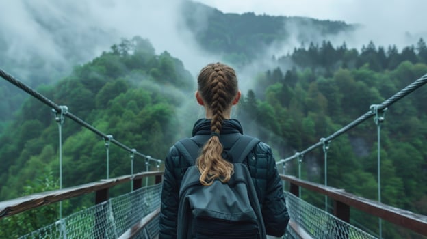 Woman exploring misty mountain forest on suspension bridge travel adventure photo