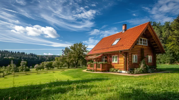 Cozy log cabin in green meadow under blue sky rustic country house architecture photo