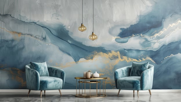 Elegant interior with armchairs and abstract wall design for home decor photo