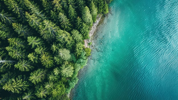 Evergreen forest meets turquoise water aerial nature landscape photo