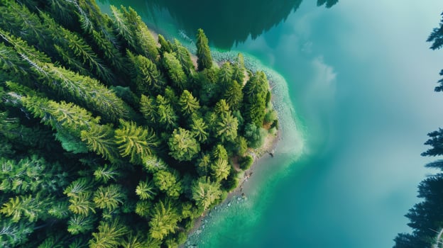 Forest meets turquoise lake aerial landscape from above photo