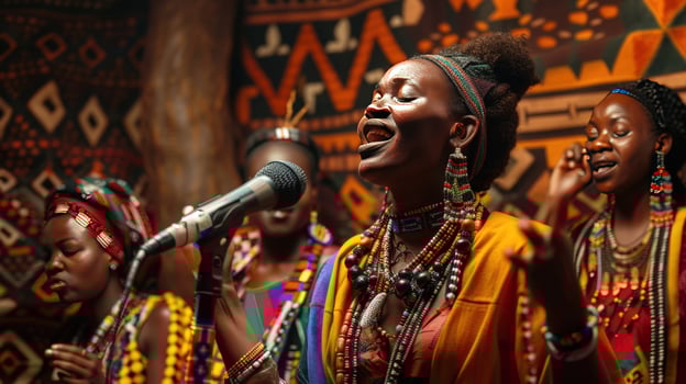 Cultural music performance featuring a group of women singing in traditional attire photo