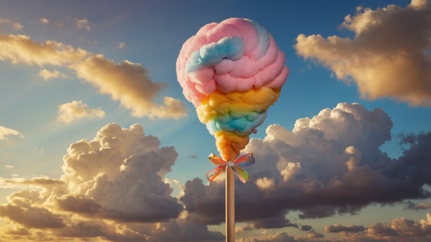 Colorful cotton candy on a stick against a vibrant sunset sky with fluffy clouds in the background photo