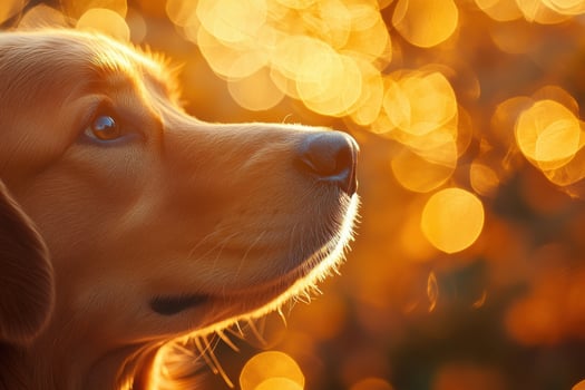 A golden retriever is looking up at the sky photo