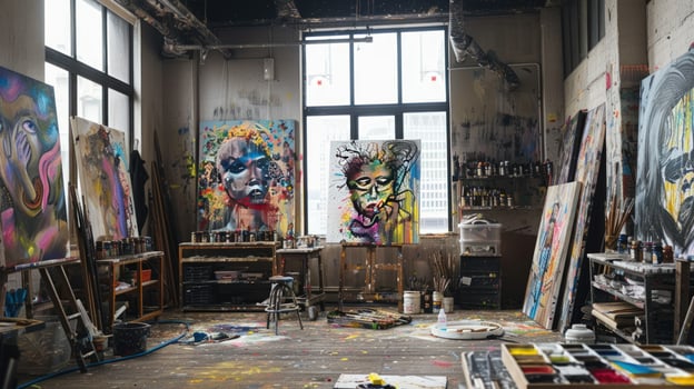 Artist studio with paintings canvases and art supplies creative workspace photo