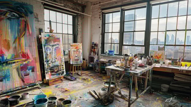 Artist studio with abstract paintings and city view photo