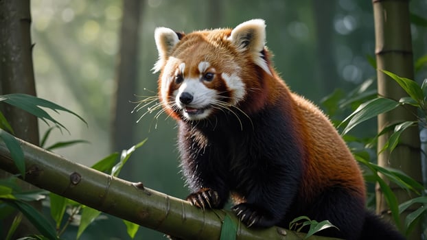 A red panda perched on a bamboo branch in a lush forest, basking in soft sunlight, showcasing its playful nature photo