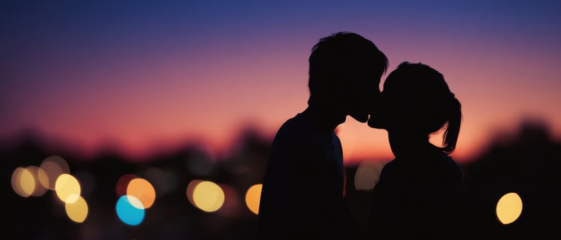 The romantic silhouette of a couple sharing a kiss at sunset. photo