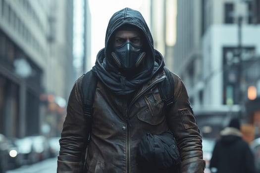 A man in a gas mask walks down a city street photo