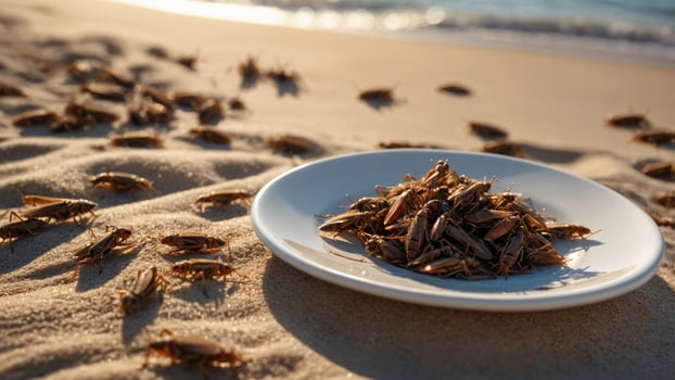 A plate of crickets on sandy beach shore with ocean waves in the background during sunset photo