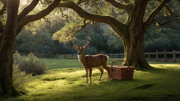Majestic deer standing near a picnic basket under a sunlit tree in a serene forest clearing photo