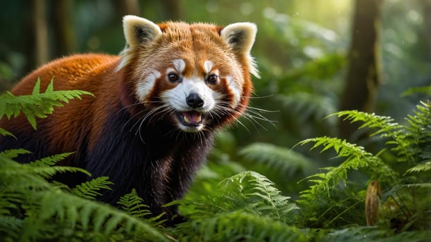 Red panda in a lush green forest, showcasing its vibrant fur and playful expression amidst ferns photo