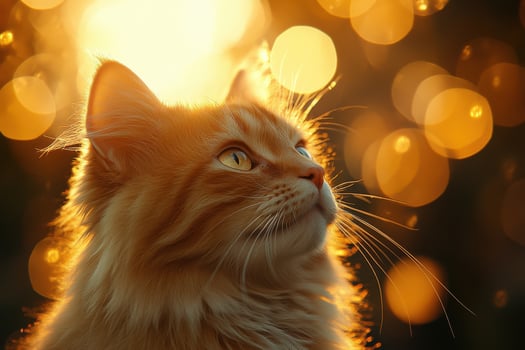 A cat looking up at the sun in front of bokeh lights photo