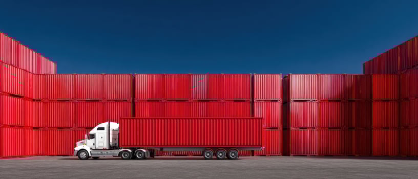 The truck parked next to vibrant red shipping containers against a blue sky. photo