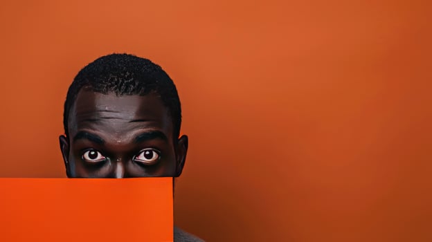 Eye contact african man partially hidden behind orange shape minimalist composition photo