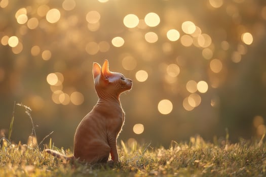 A cat sitting in the grass with a bright light behind it photo