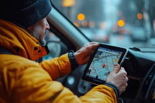A man in a winter jacket is using a tablet while driving photo