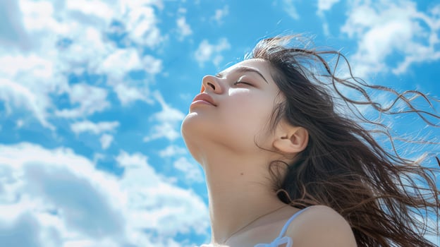 Serene portrait of young person enjoying sunlight and fresh air under a blue sky photo