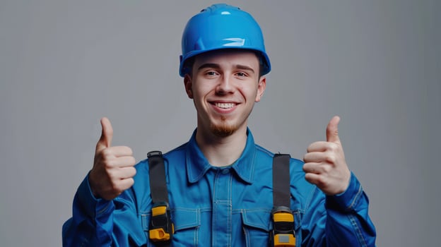 Construction worker gives thumbs up wearing hard hat and work clothes photo