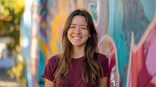 Smiling person posing in front of a colorful graffiti wall art photo