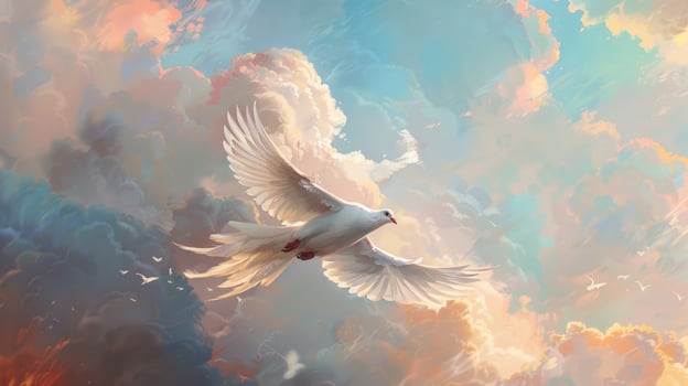 Dove soaring through pastel skies bird in flight symbolizing freedom and peace photo