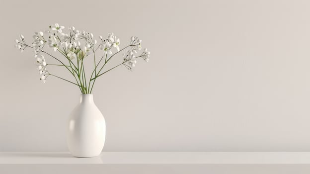 Minimalist white flower arrangement in vase on plain background still life photo
