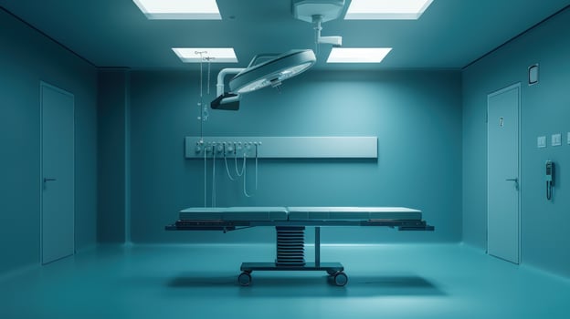 Surgical operating room with table and light for medical procedure photo