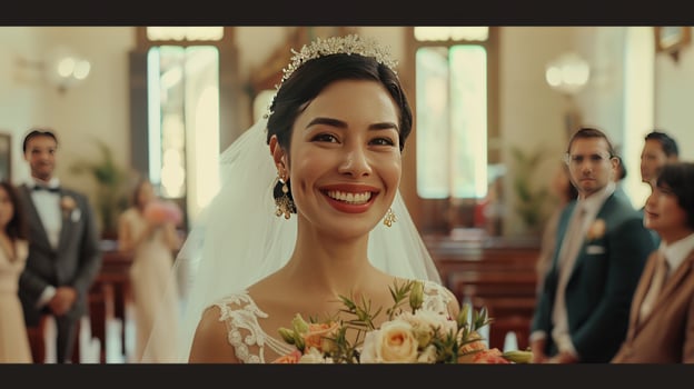 Radiant bride in wedding ceremony celebration surrounded by guests joy and elegance photo