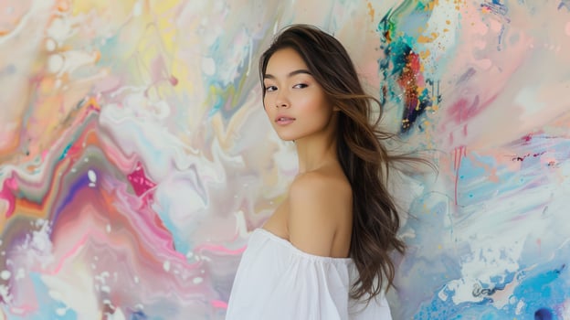 Elegant woman posing in front of abstract art background beauty and fashion concept photo