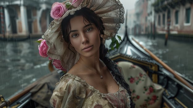Woman in period costume riding gondola on canal travel photo