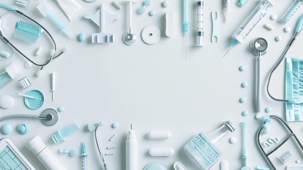 Medical supply flat lay frame with stethoscope syringe and pills on white background photo