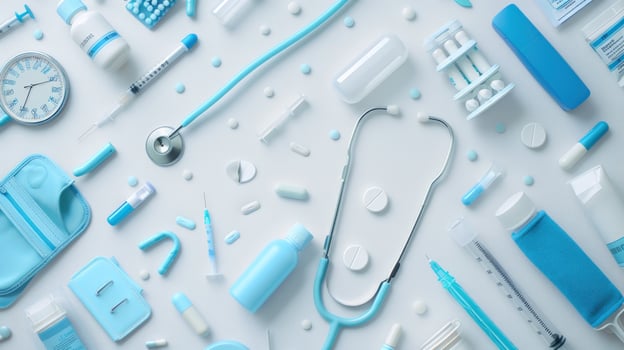 Medical equipment and medication arrangement for healthcare concepts photo