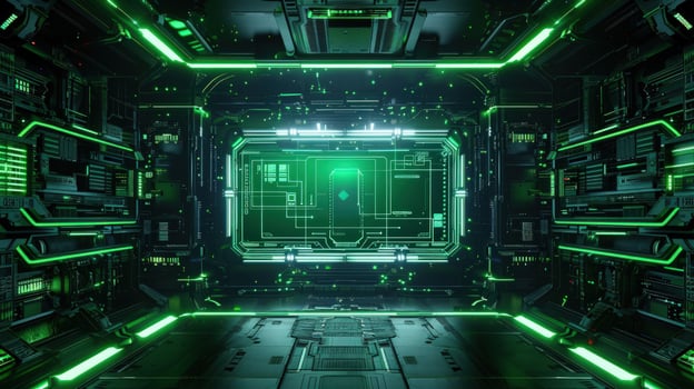 Futuristic interior with neon lights and circuit board patterns photo