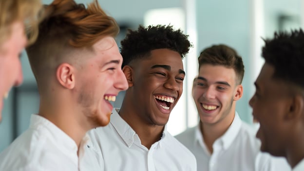 Diverse group of young men sharing joyful laughter togetherness photo