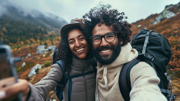 Happy couple taking selfie while hiking in mountains travel adventure photo
