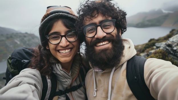 Smiling couple portrait mountain lake landscape travel lifestyle adventure photo