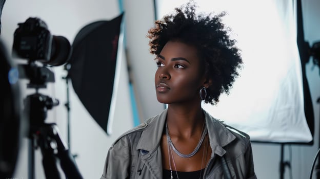 Female model posing during photoshoot in professional photography studio photo