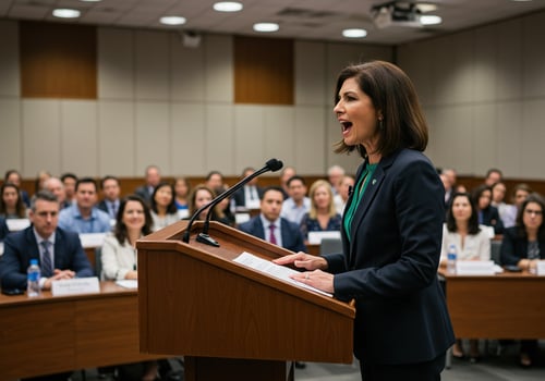 A professional woman passionately speaking at a podium during a formal event photo