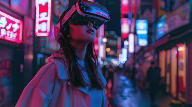 Person exploring virtual reality world with vr headset in futuristic cityscape photo