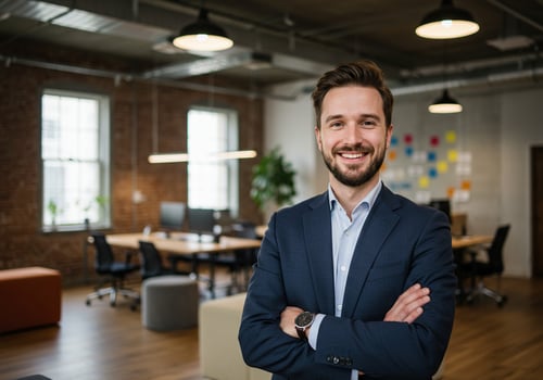 Confident businessman with arms crossed smiling in a modern office photo