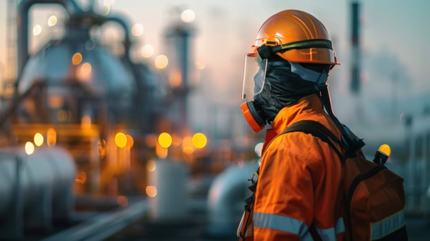 Industrial worker safety at plant facility wearing protective gear and respirator photo