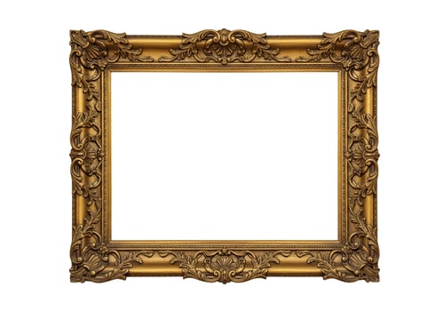 An ornate, carved gold picture frame with an empty white space, isolated on white background photo