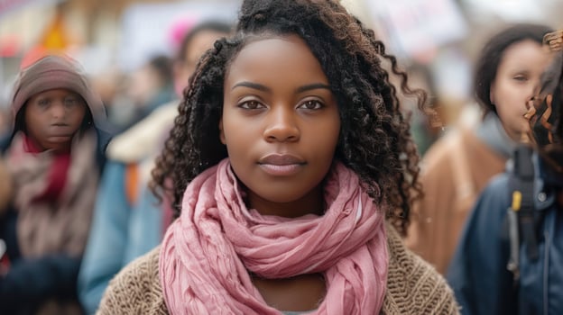 Diverse group portrait focus on african american woman in public gathering photo