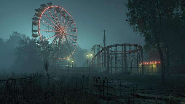 Amusement park ferris wheel and roller coaster in fog at night photo