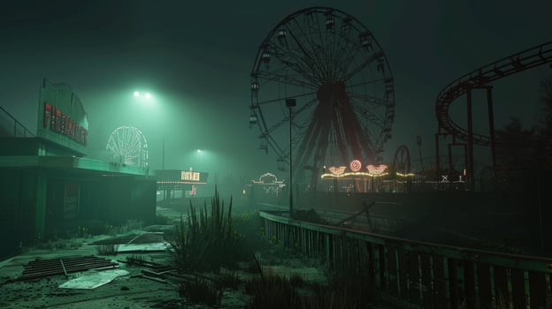 Eerie amusement park at dusk ferris wheel and roller coaster in the mist photo