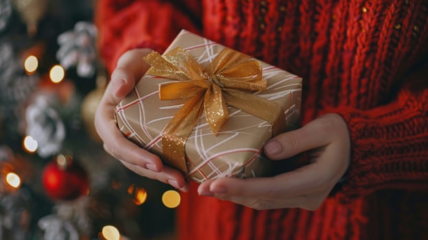 Gift giving moment wrapped box held in hands warm festive celebration photo